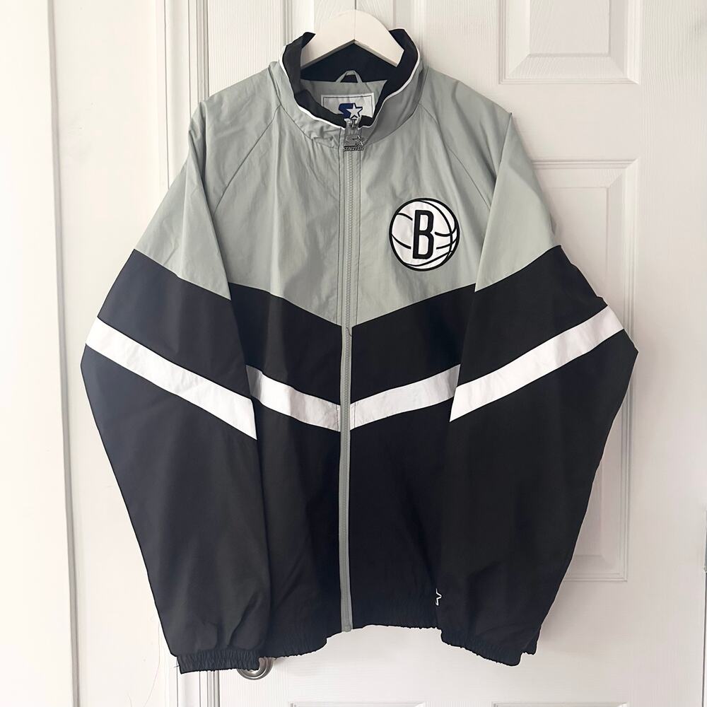 Starter Black Grey Trim Brooklyn Nets NBA Bank Shot Oxford Windbreaker Jacket XL